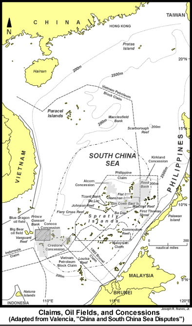 南中国海争议区域和油气田分布和特许开发区地图，Territorial Claims of Spratly Islands - Outline