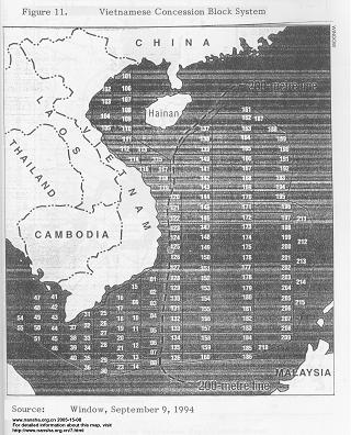 越南单方面宣布的南中国海上的油气开发分区系统 Unilateral claimed oil and gas concession block system on the South China Sea by Vietnamese
